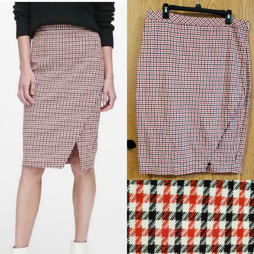 Banana Republic Red Plaid Houndstooth Pencil Skirt Size 14 Wrap Front Slit